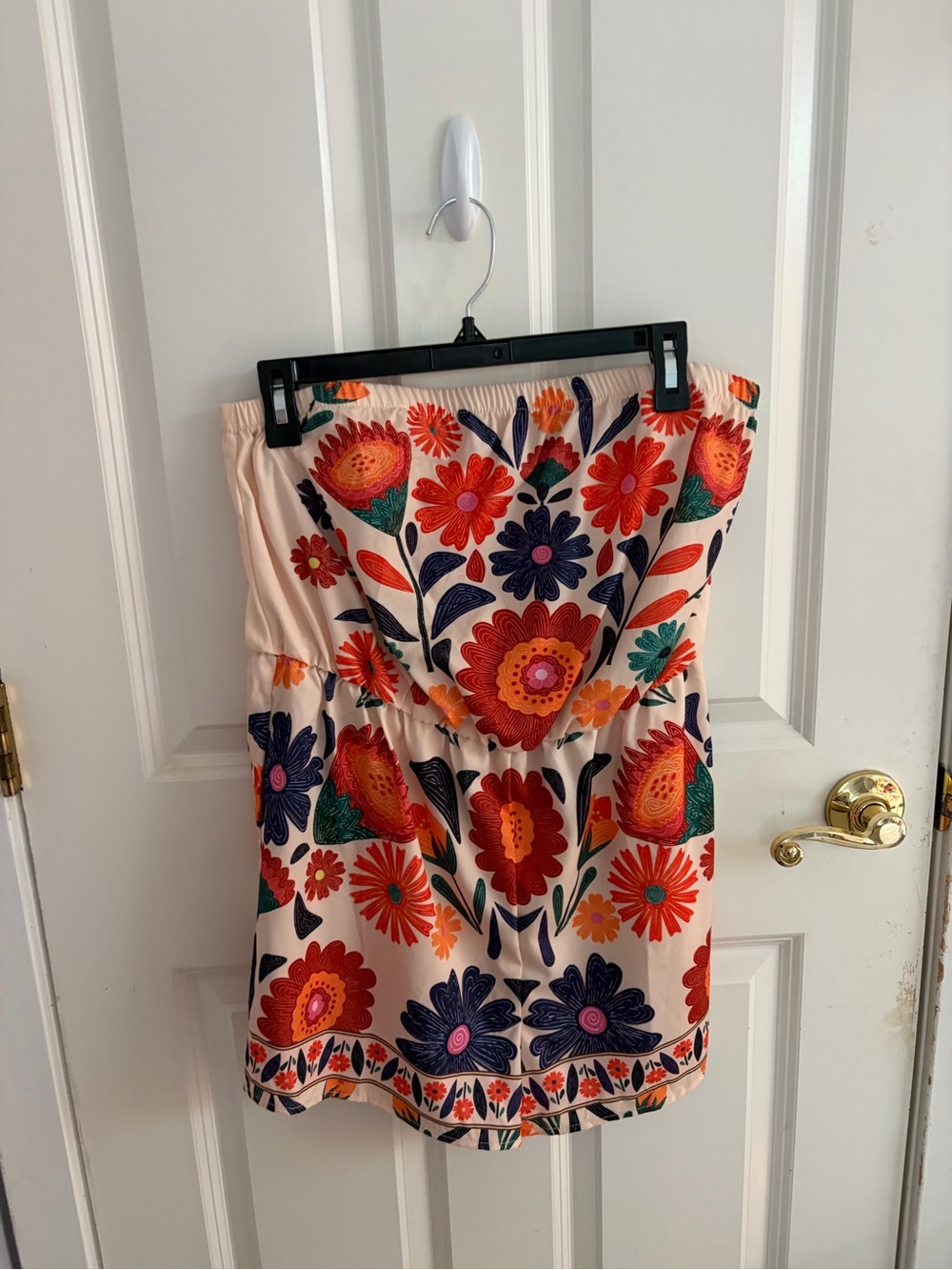 SHEIN Pink Strapless Floral Romper with Multicolor Embroidery